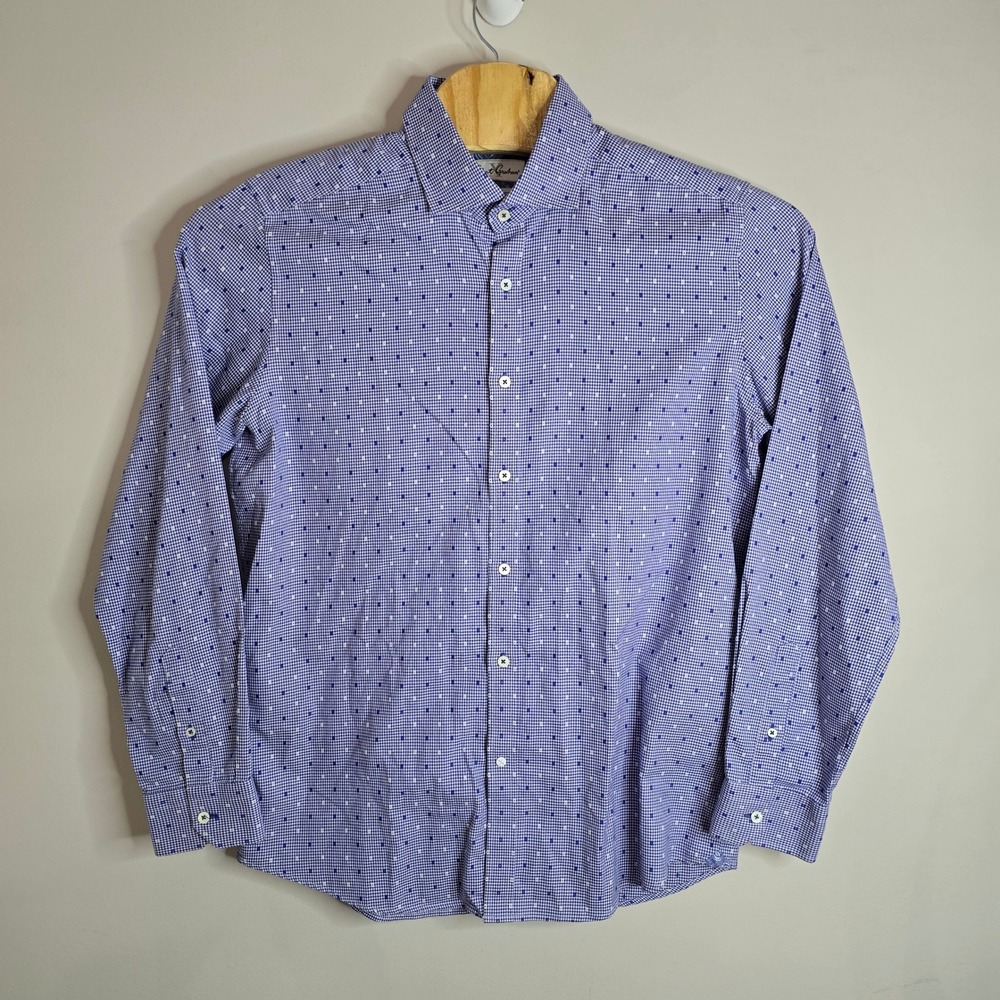 Robert Graham Tailored Fit Blue Gingham Micro Dot Dress Shirt Mens Size Large